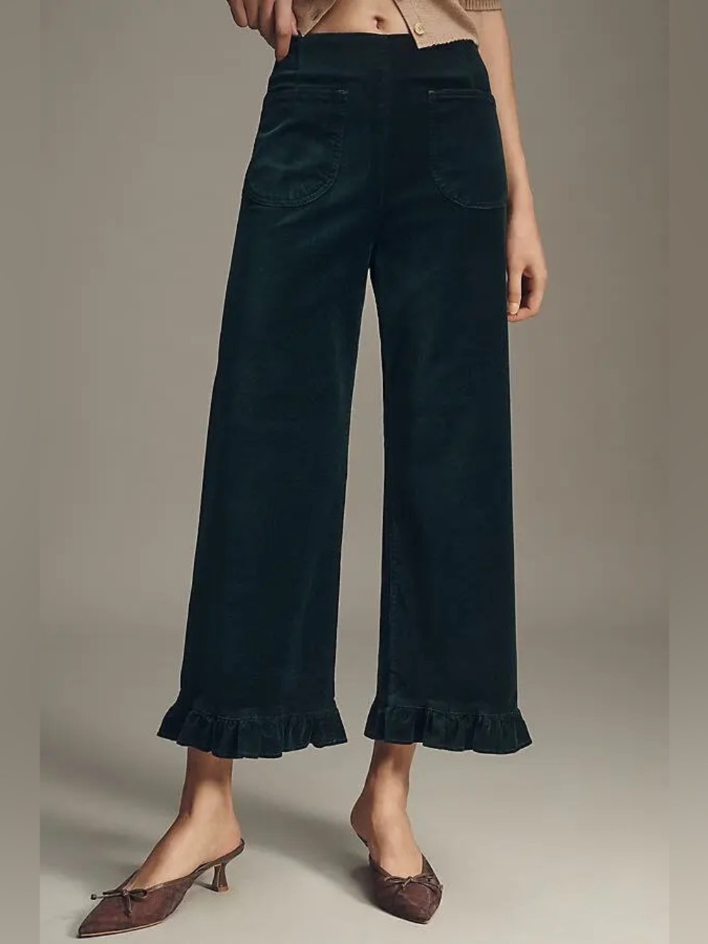 Anthropologie Maeve Colette Crop Velvet Dark Green Wide Leg Ruffle Hem Pants 26P